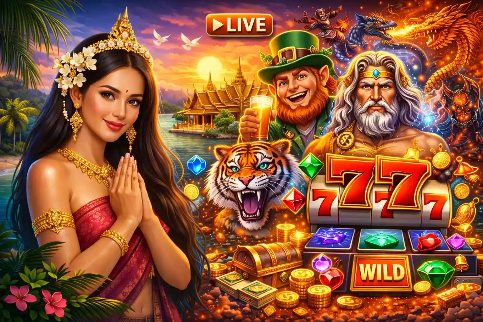 แบนเนอร์รวมเกมคาสิโนสดและสล็อตยอดนิยม พร้อมเทพเจ้าแห่งโชคลาภ